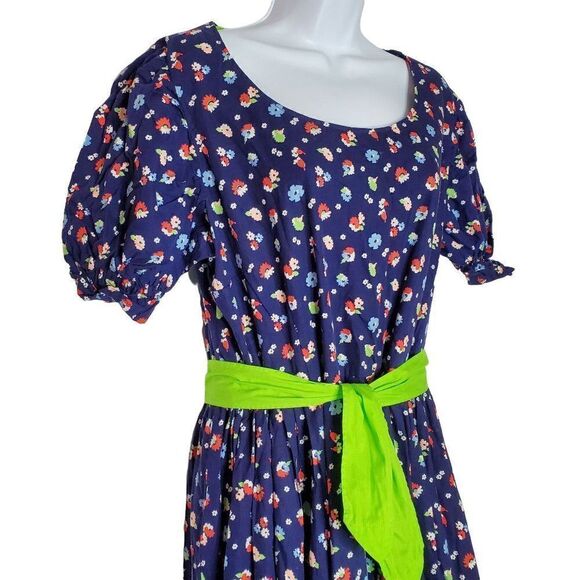 Vintage Handmade Floral Prairie Dress Bonnet Short Sleeve Navy Blue Sz L/XL - Picture 3 of 5